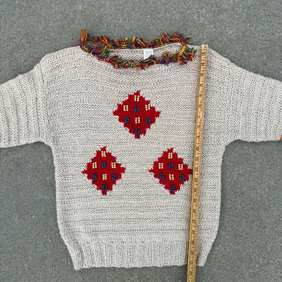 Vintage 90s Boho Fringe Bead Hippie Square Argyle Short Sleeve Sweater SMALL - Picture 6 of 6